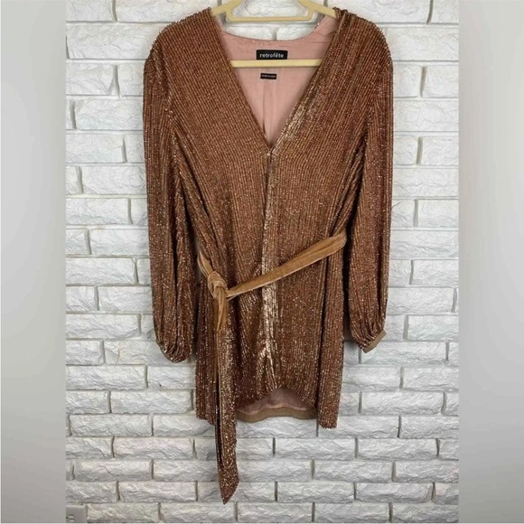 Retrofete Gabrielle Sequin Long Sleeve Robe Dress in Bronze Size XXS - Picture 9 of 16